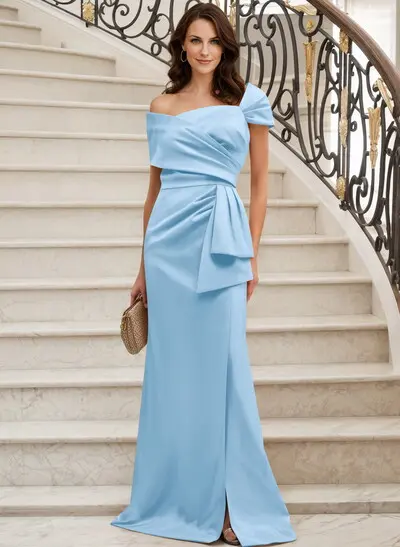Missacc Sky Blue Mother of The Bride Dresses Classy Wrap Off Shoulder Mother of The Bride Dresses with Ruffled Waist