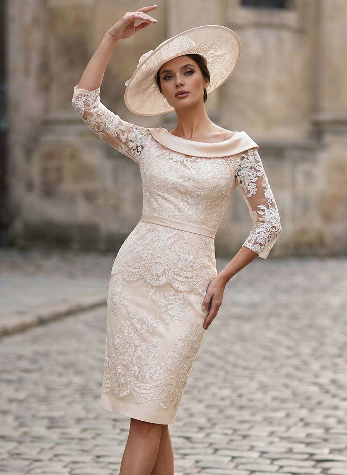 Sheath/Column Cowl Neck 1/2 Sleeves Lace/Satin Mother Of The Bride Dresses