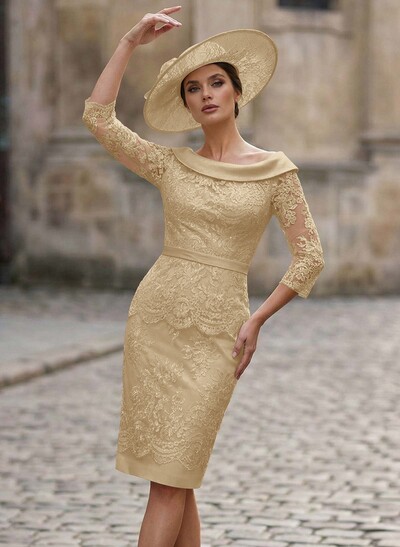 Sheath/Column Cowl Neck 1/2 Sleeves Lace/Satin Mother Of The Bride Dresses