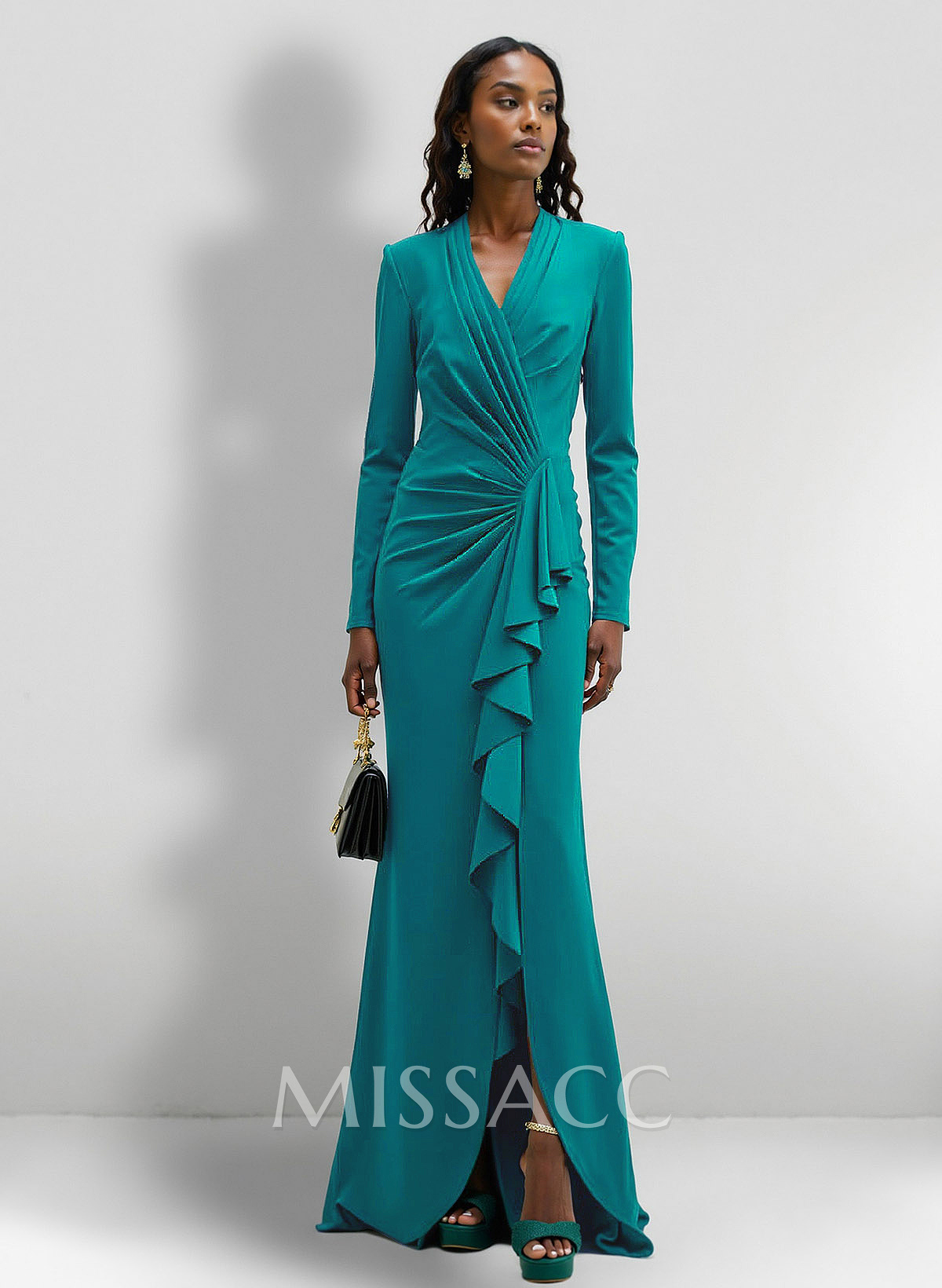 V-Neck Long Sleeves Ruffles Mother Of The Bride Dresses With Split Front