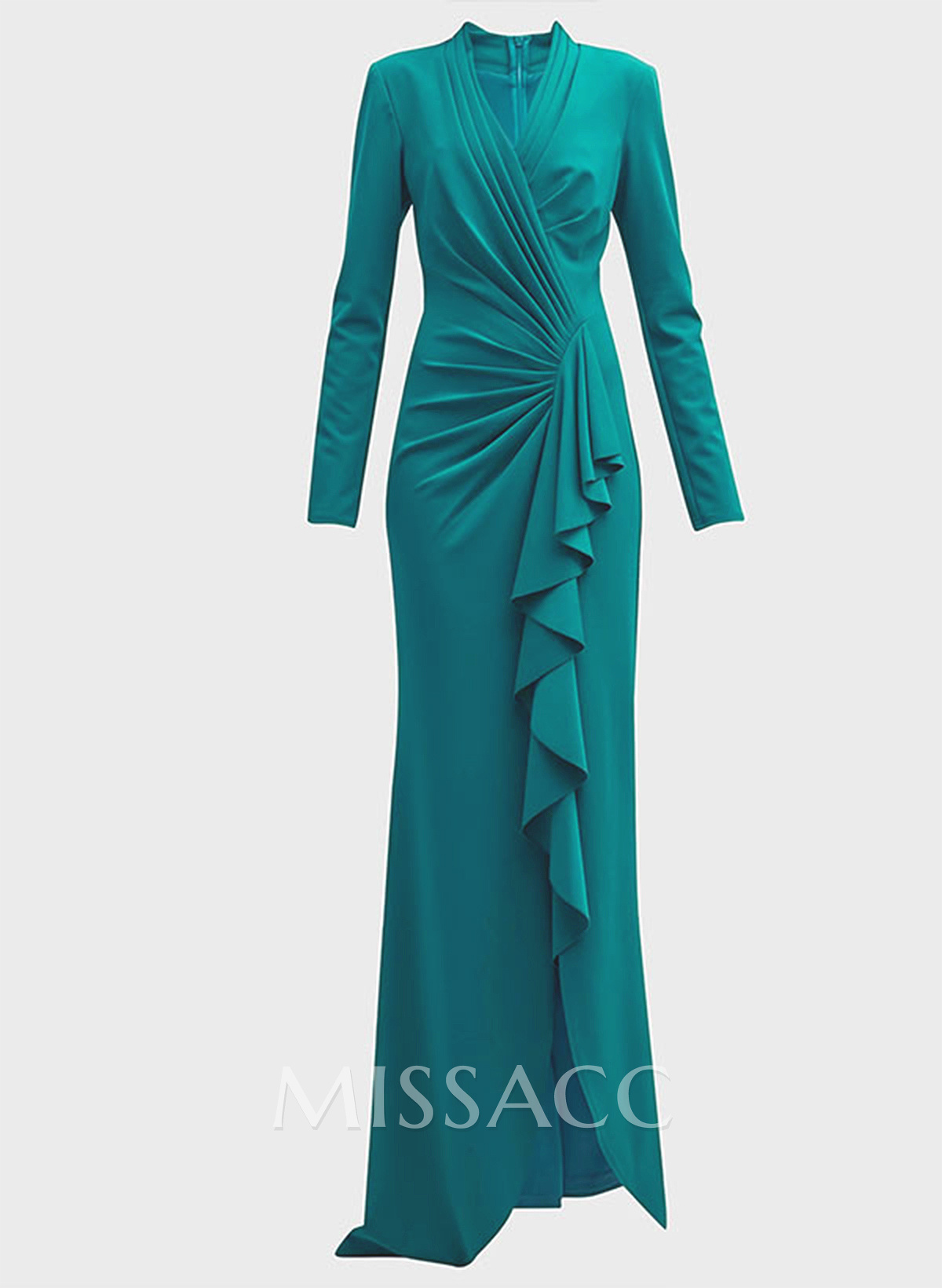 V-Neck Long Sleeves Ruffles Mother Of The Bride Dresses With Split Front