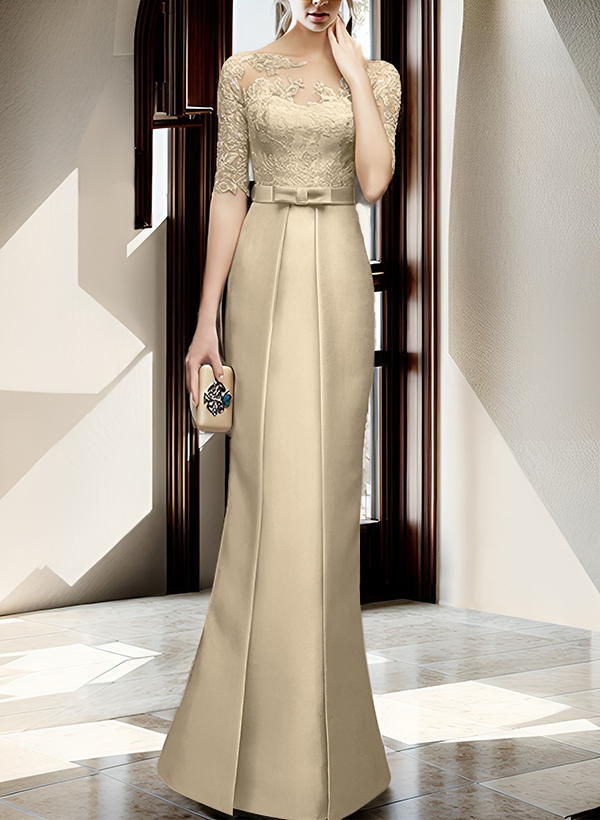 Sheath/Column Illusion Neck 1/2 Sleeves Lace/Satin Mother Of The Bride Dresses With Bow(s)