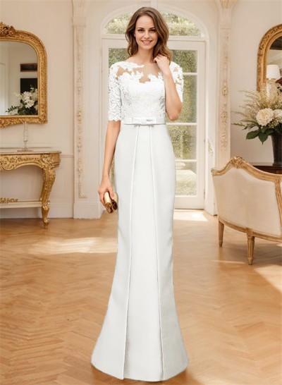 Sheath/Column Illusion Neck 1/2 Sleeves Lace/Satin Mother Of The Bride Dresses With Bow(s)