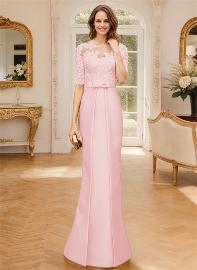 Modest Semi Sheer Illusion Floral Embroidered Neck Mother Of The Bride Dresses With Bow