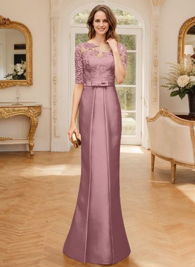 Sheath/Column Illusion Neck 1/2 Sleeves Lace/Satin Mother Of The Bride Dresses With Bow(s)