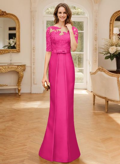 Sheath/Column Illusion Neck 1/2 Sleeves Lace/Satin Mother Of The Bride Dresses With Bow(s)