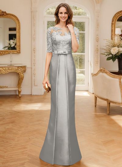 Sheath/Column Illusion Neck 1/2 Sleeves Lace/Satin Mother Of The Bride Dresses With Bow(s)