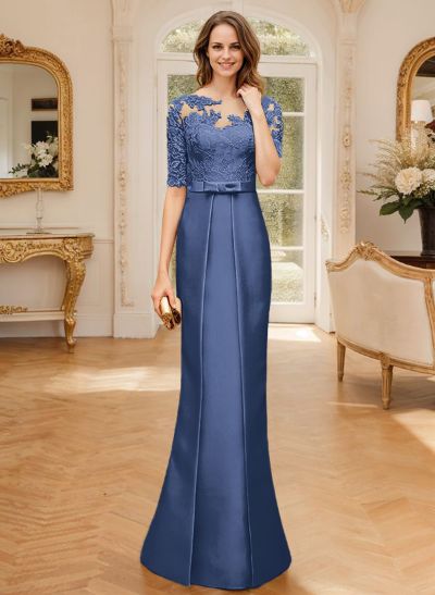 Sheath/Column Illusion Neck 1/2 Sleeves Lace/Satin Mother Of The Bride Dresses With Bow(s)