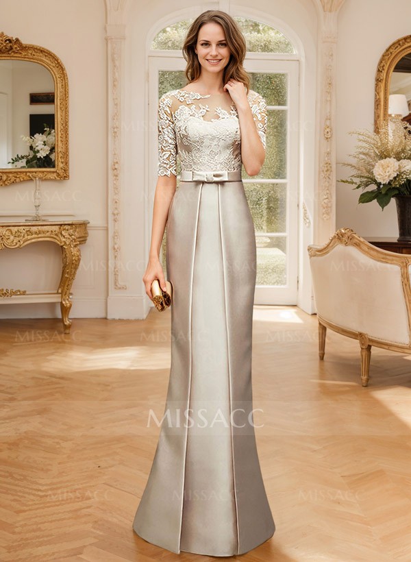 Modest Semi Sheer Illusion Floral Embroidered Neck Mother Of The Bride Dresses With Bow