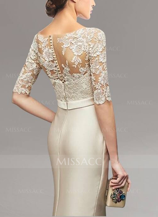 Modest Semi Sheer Illusion Floral Embroidered Neck Mother Of The Bride Dresses With Bow