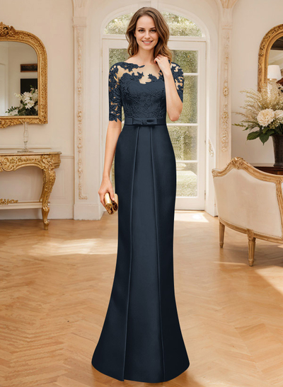 Modest Semi Sheer Illusion Floral Embroidered Neck Mother Of The Bride Dresses With Bow