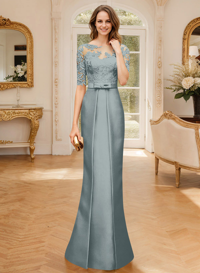 Modest Semi Sheer Illusion Floral Embroidered Neck Mother Of The Bride Dresses With Bow
