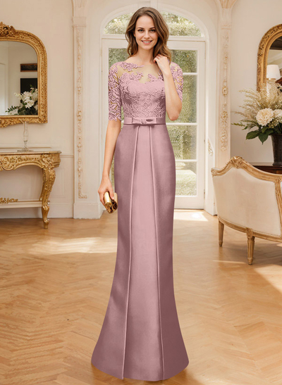 Modest Semi Sheer Illusion Floral Embroidered Neck Mother Of The Bride Dresses With Bow