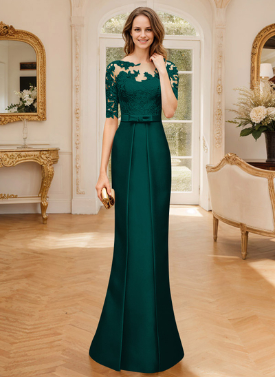 Modest Semi Sheer Illusion Floral Embroidered Neck Mother Of The Bride Dresses With Bow
