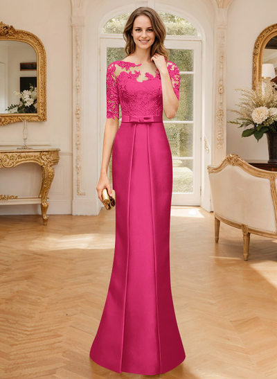 Modest Semi Sheer Illusion Floral Embroidered Neck Mother Of The Bride Dresses With Bow