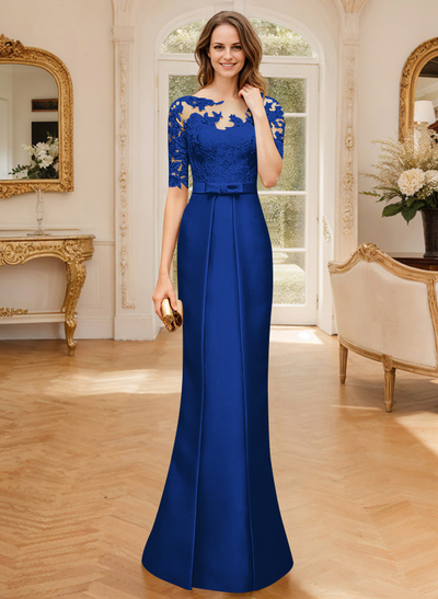 Modest Semi Sheer Illusion Floral Embroidered Neck Mother Of The Bride Dresses With Bow