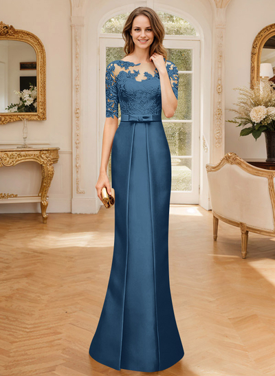 Modest Semi Sheer Illusion Floral Embroidered Neck Mother Of The Bride Dresses With Bow