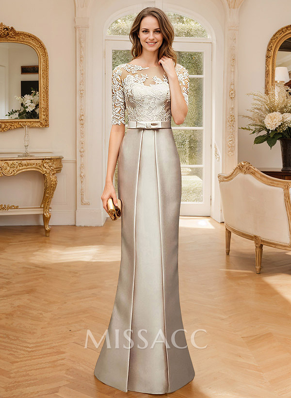 Modest Semi Sheer Illusion Floral Embroidered Neck Mother Of The Bride Dresses With Bow
