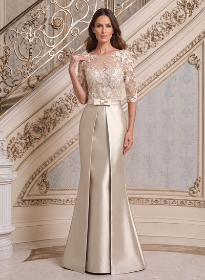 Modest Semi Sheer Illusion Floral Embroidered Neck Mother Of The Bride Dresses With Bow