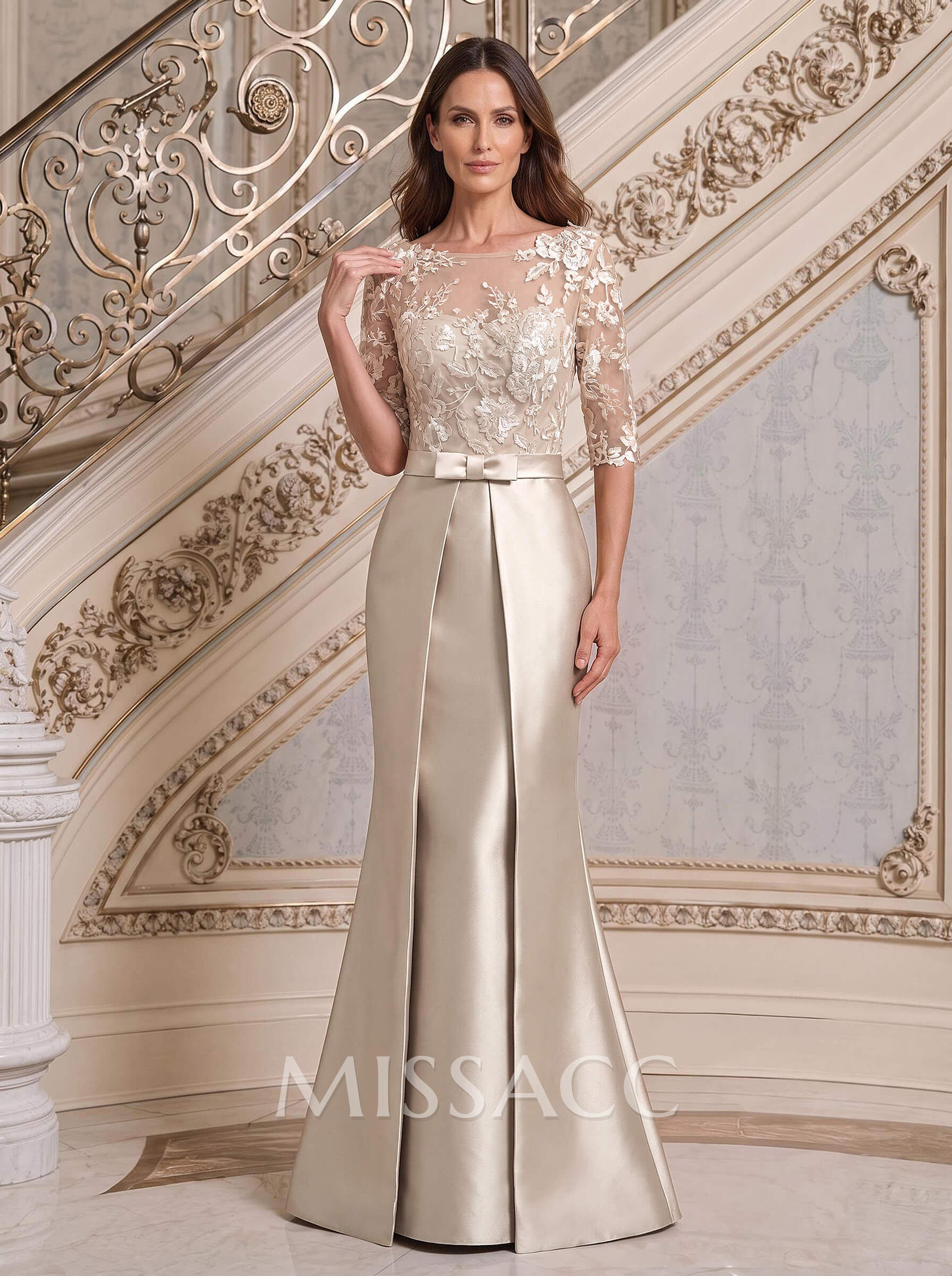 Modest Semi Sheer Illusion Floral Embroidered Neck Mother Of The Bride Dresses With Bow