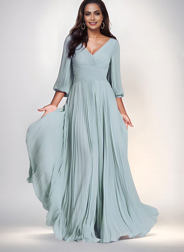 A-Line V-Neck Long Sleeves Floor-Length Chiffon Mother Of The Bride Dresses
