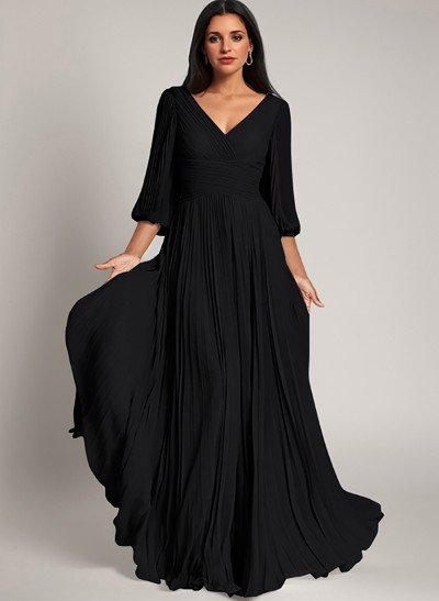 A-Line V-Neck Long Sleeves Floor-Length Chiffon Mother Of The Bride Dresses