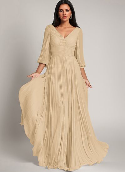 A-Line V-Neck Long Sleeves Floor-Length Chiffon Mother Of The Bride Dresses