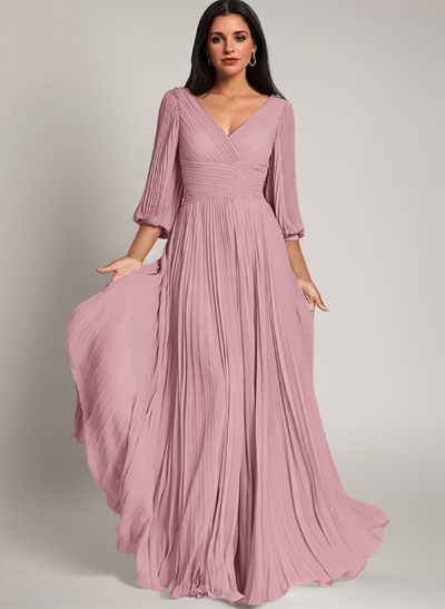 A-Line V-Neck Long Sleeves Floor-Length Chiffon Mother Of The Bride Dresses