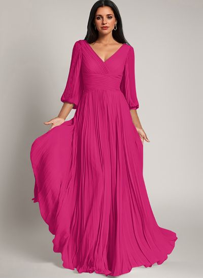 A-Line V-Neck Long Sleeves Floor-Length Chiffon Mother Of The Bride Dresses