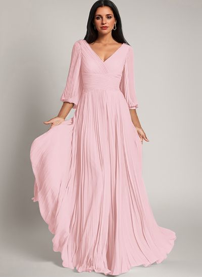 A-Line V-Neck Long Sleeves Floor-Length Chiffon Mother Of The Bride Dresses