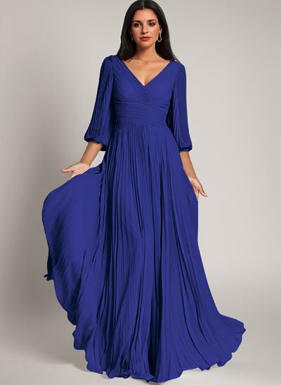 A-Line V-Neck Long Sleeves Floor-Length Chiffon Mother Of The Bride Dresses