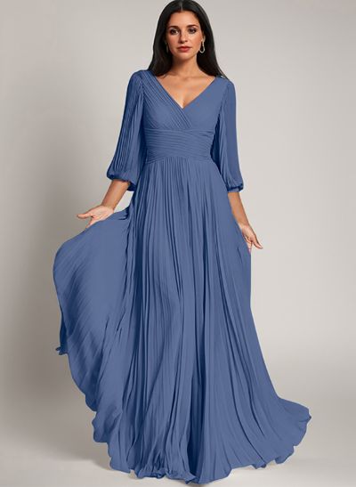 A-Line V-Neck Long Sleeves Floor-Length Chiffon Mother Of The Bride Dresses