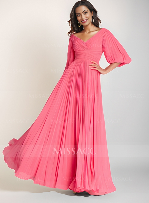 A-Line V-Neck Long Sleeves Floor-Length Chiffon Mother Of The Bride Dresses