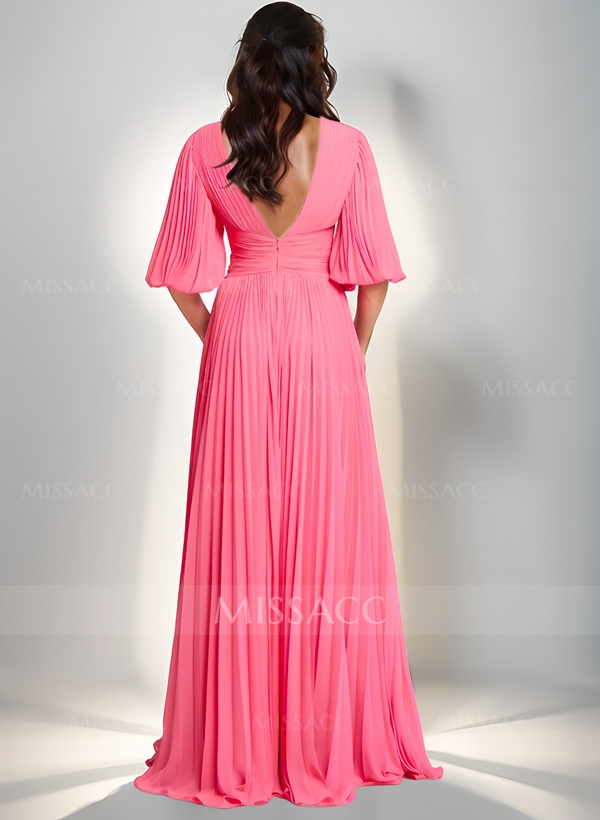 A-Line V-Neck Long Sleeves Floor-Length Chiffon Mother Of The Bride Dresses