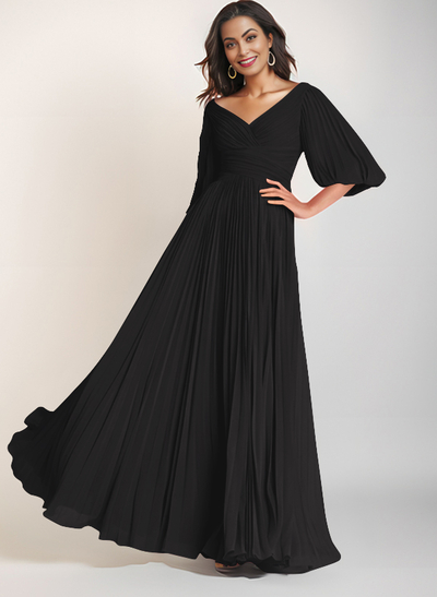 A-Line V-Neck Long Sleeves Floor-Length Chiffon Mother Of The Bride Dresses