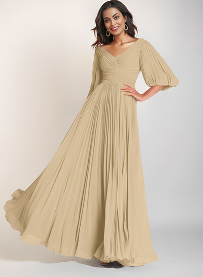 A-Line V-Neck Long Sleeves Floor-Length Chiffon Mother Of The Bride Dresses