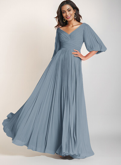 A-Line V-Neck Long Sleeves Floor-Length Chiffon Mother Of The Bride Dresses
