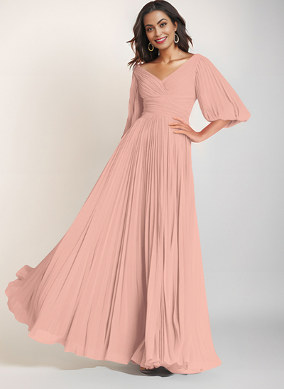 A-Line V-Neck Long Sleeves Floor-Length Chiffon Mother Of The Bride Dresses