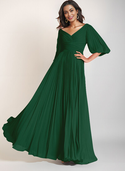 A-Line V-Neck Long Sleeves Floor-Length Chiffon Mother Of The Bride Dresses