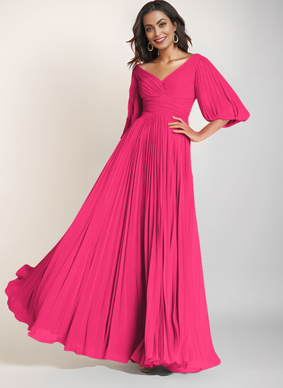 A-Line V-Neck Long Sleeves Floor-Length Chiffon Mother Of The Bride Dresses
