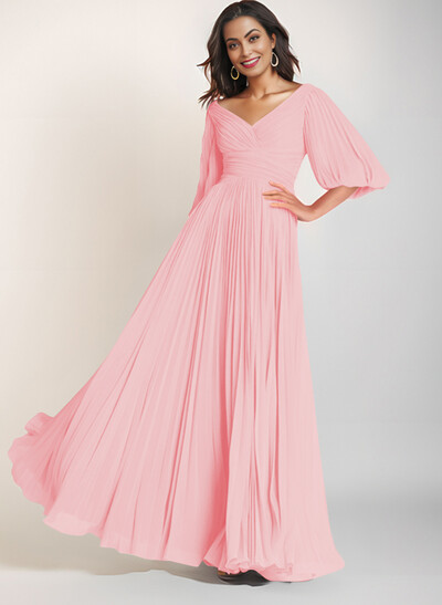 A-Line V-Neck Long Sleeves Floor-Length Chiffon Mother Of The Bride Dresses
