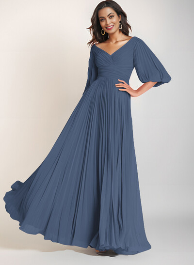 A-Line V-Neck Long Sleeves Floor-Length Chiffon Mother Of The Bride Dresses