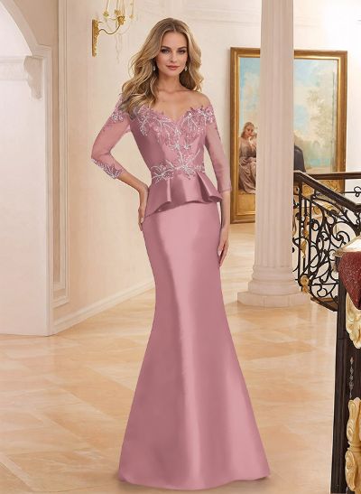 Off-The-Shoulder Satin Mother Of The Bride Dresses With Appliques Lace