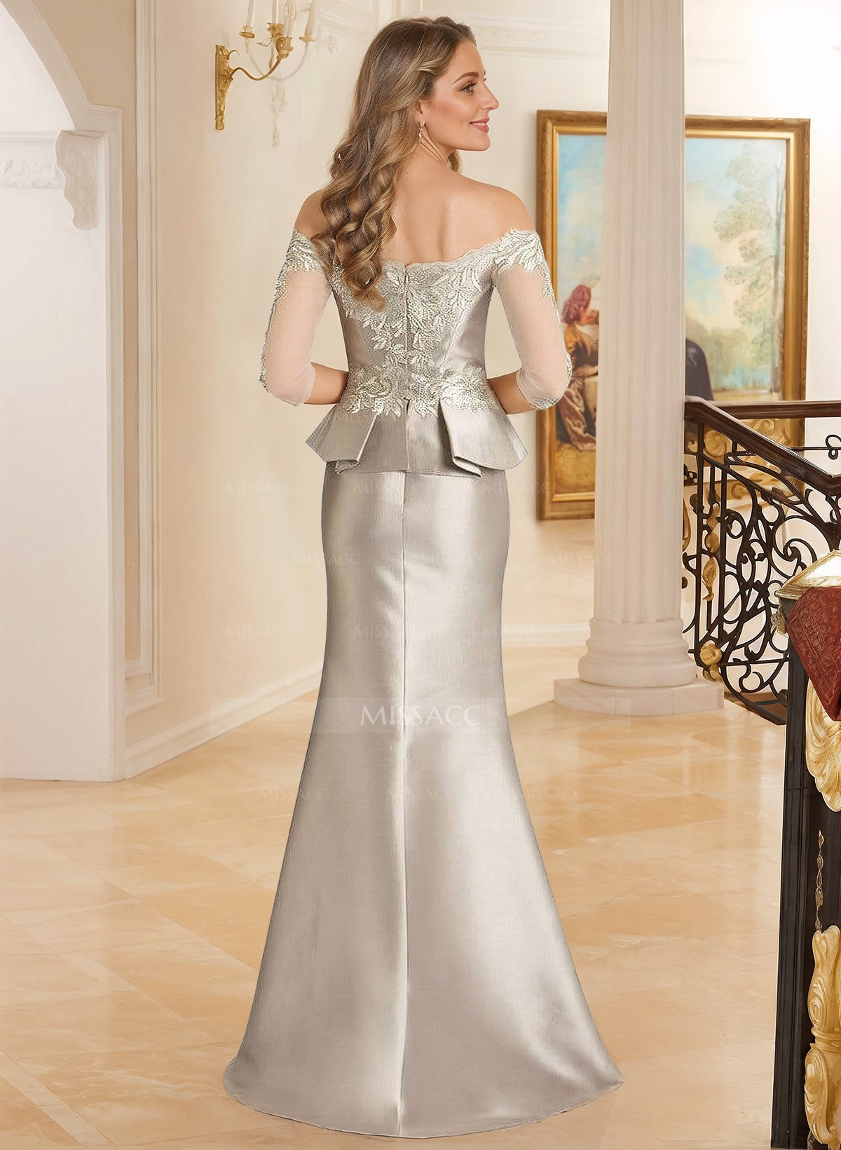 Off-The-Shoulder Satin Mother Of The Bride Dresses With Appliques Lace