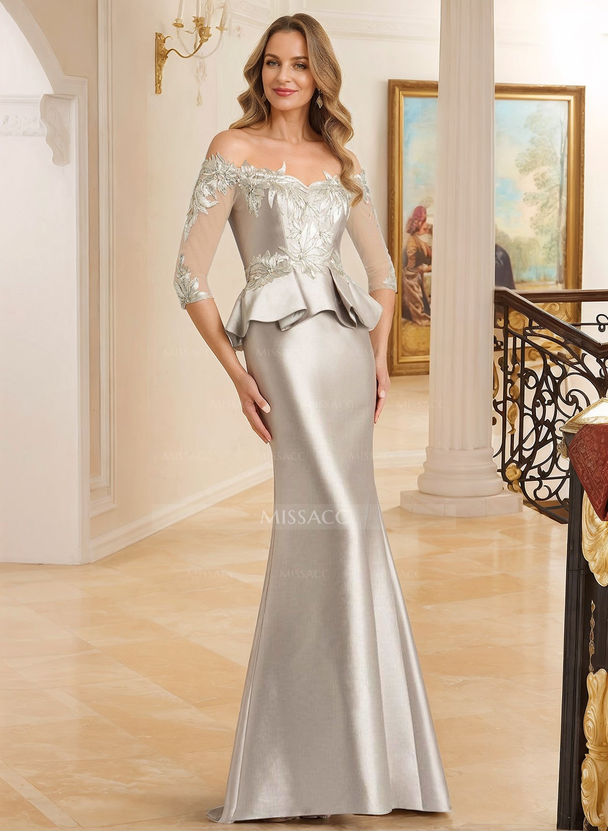 Off-The-Shoulder Satin Mother Of The Bride Dresses With Appliques Lace