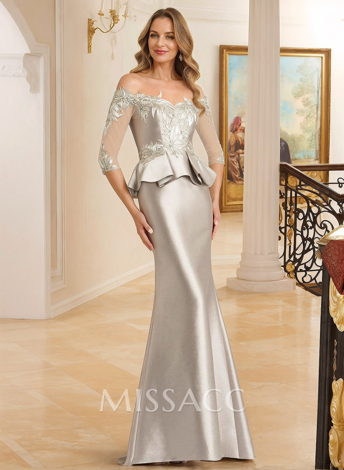 Off-The-Shoulder Satin Mother Of The Bride Dresses With Appliques Lace Off-The-Shoulder Satin Mother Of The Bride Dresses With Appliques Lace