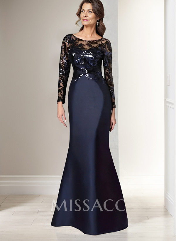Scoop Neck Long Sleeves Floor-Length Satin/Sequined Mother Of The Bride Dresses Scoop Neck Long Sleeves Floor-Length Satin/Sequined Mother Of The Bride Dresses