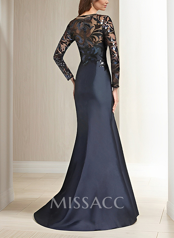 Scoop Neck Long Sleeves Floor-Length Satin/Sequined Mother Of The Bride Dresses Scoop Neck Long Sleeves Floor-Length Satin/Sequined Mother Of The Bride Dresses