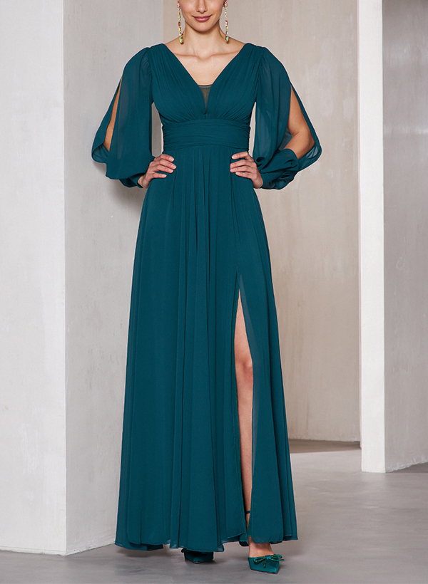 A-Line V-Neck Long Sleeves Chiffon Mother Of The Bride Dresses With Split Front