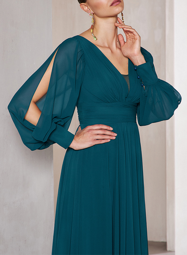 A-Line V-Neck Long Sleeves Chiffon Mother Of The Bride Dresses With Split Front